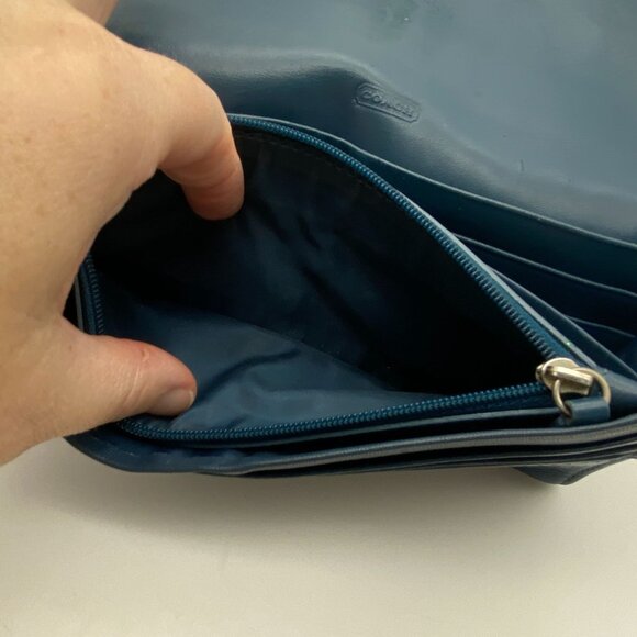 Coach Kristin leather wallet silver buckle bill fold pocket book teal green blue - Picture 15 of 16